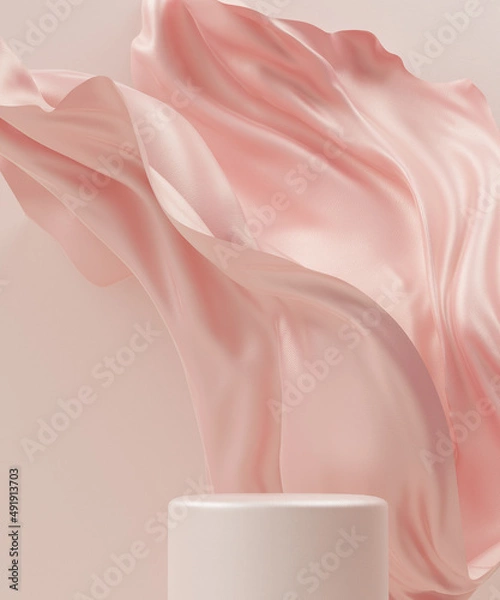 Fototapeta Premium podium and cloth, elegant platform, pink pastel fashion background. Mockup for the exhibitions, presentation of products, 3d rendering. Composition of flying fabric, cloth element.