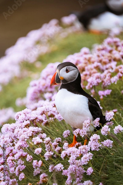 Fototapeta Atlantic puffin (Fratercula arctica) on a cliff with beautiful pink flowers, Treshnish Isles, Scotland