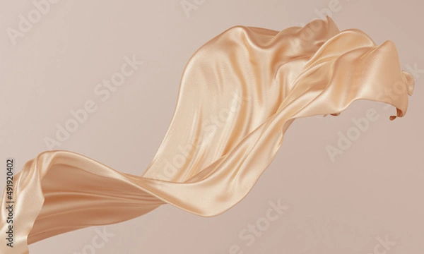 Fototapeta Gold silk fabric background, 3d rendering golden cloth material beautiful folds.