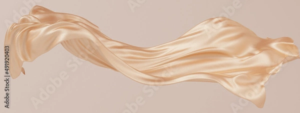 Fototapeta Gold silk fabric design element, 3d rendering golden cloth material flying in the wind