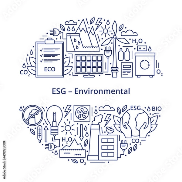 Fototapeta Set of ESG, ECO, BIO icons. ESG environmental criteria, icons arranged in the shape of a circle with an inscription in the center. Vector illustration isolated on a white background.