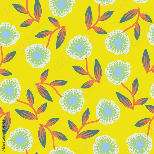 Fototapeta Yellow with baby blue floral elements and red stems seamless pattern background design.