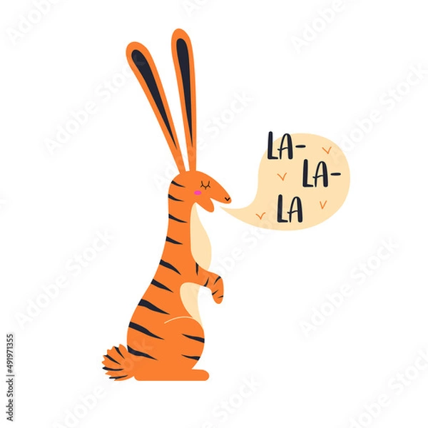 Fototapeta Illustration with striped rabbit. Funny print design with animal showing tongue. Home decoration poster, greeting card template. Lunar new year, Chinese New Year 2022, 2023 , Tiger, Rabbit