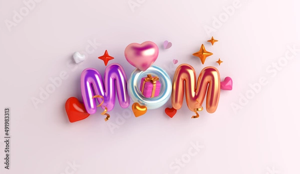 Fototapeta Happy mothers day decoration background with gift box, balloon, mom text, copy space text, 3D rendering illustration	
