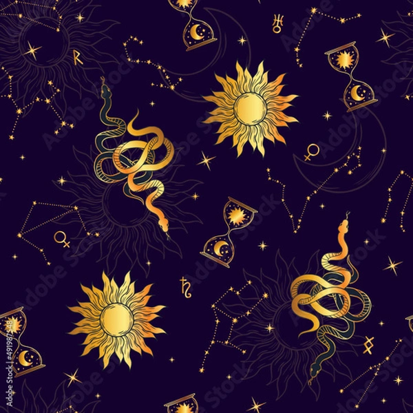 Fototapeta Vector golden seamless pattern with stars and snakes.