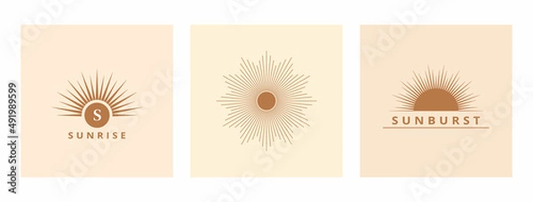 Fototapeta Hand drawn logo of Sun, sunburst, light rays in line art. Bohemian symbol bursting sun rays. Magic talisman, antique style, boho, tattoo, logo. Vector set illustration.