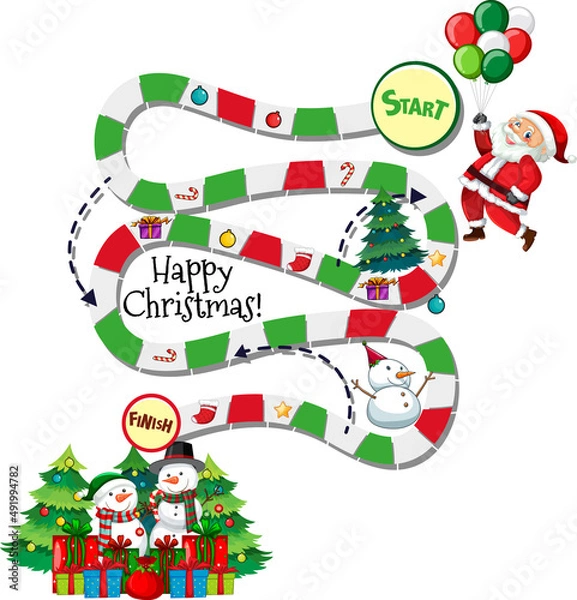 Fototapeta Snake and ladders game template in Christmas theme