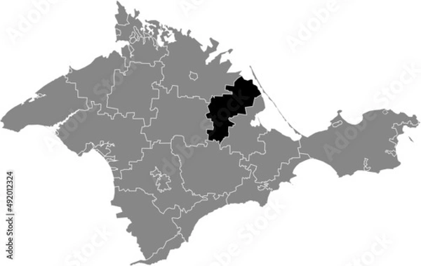Fototapeta Black flat blank highlighted location map of the NYZHNIOHIRSKYI RAION inside gray administrative map of raions and city municipalities of the Autonomous Republic of Crimea, Ukraine