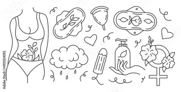 Fototapeta Menstruation theme. Period. Various feminine hygiene products. Zero waste objects. Panties, pads, cups. Menstrual protection, feminine hygiene. Hand drawn vector illustration. Isolated on white