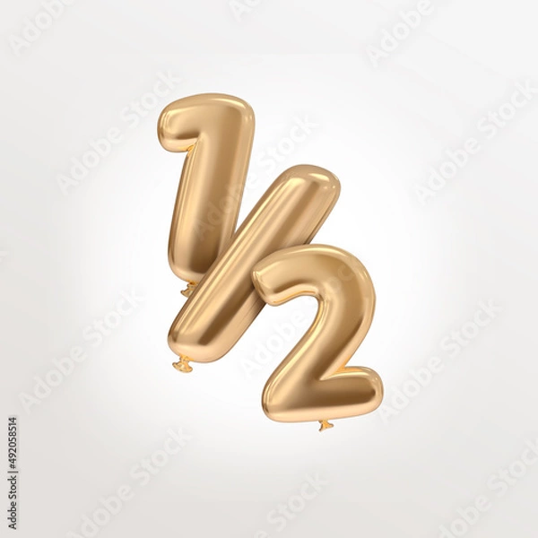 Fototapeta Math sign of half with numbers 3D illustration golden isolated typography with balloon style realistic rendered floating for design concept illustration in white 