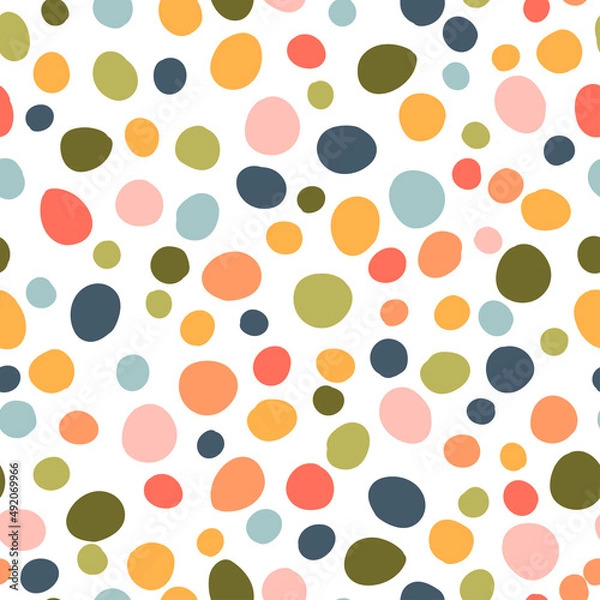 Fototapeta Multicolored spots circles vector seamless pattern. Seamless background with modern rainbow dots. Texture of colorful shapes for fabric, wrapping paper, scrapbooking.