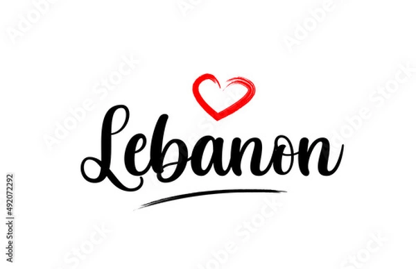 Fototapeta Lebanon country name with red love heart and black text