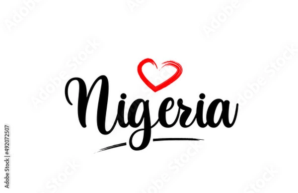 Fototapeta Nigeria country name with red love heart and black text