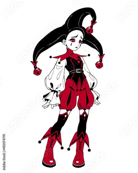 Obraz cute sad theatrical harlequin in costume and hat