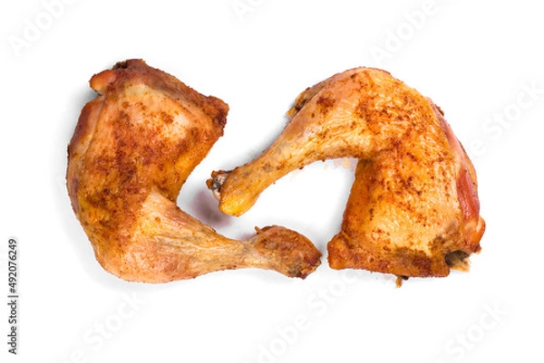 Fototapeta Fresh roasted chicken leg quarters on white isolated background.