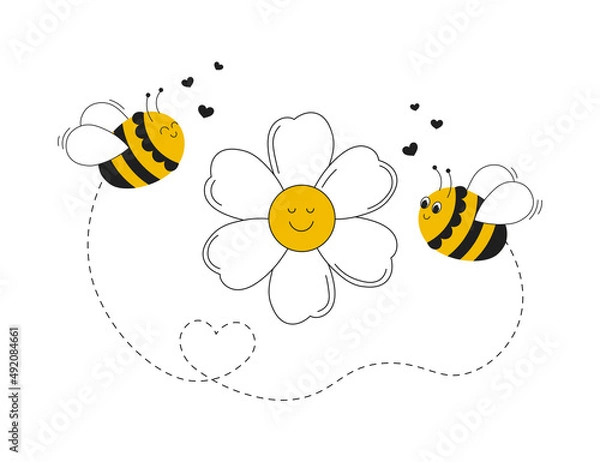 Obraz Chamomile flower with cute bee cartoon and heart isolated on white background vector illustration
