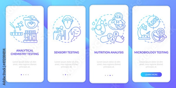 Fototapeta Food samples evaluation blue gradient onboarding mobile app screen. Walkthrough 4 steps graphic instructions pages with linear concepts. UI, UX, GUI template. Myriad Pro-Bold, Regular fonts used