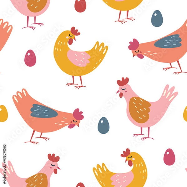 Fototapeta Seamless pattern with chickens and colorful eggs. Bright Easter pattern.