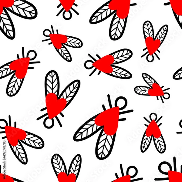 Fototapeta Seamless background with heart-shaped flies. Vector illustration