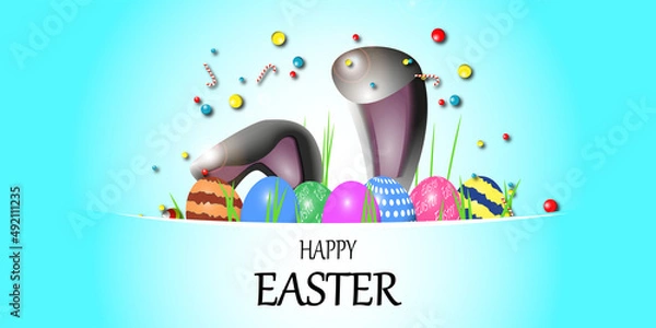Fototapeta Happy Easter template with chocolate Easter eggs with candy and bunny ears