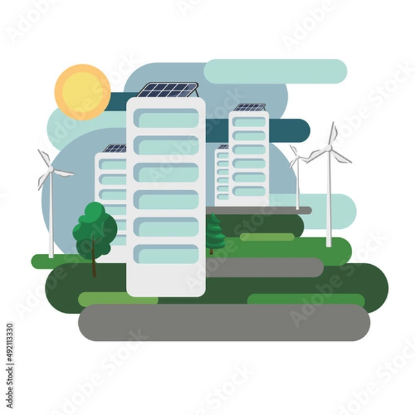 Fototapeta The concept of environmentally friendly alternative energy. House with solar panels and wind turbines. Vector illustration.