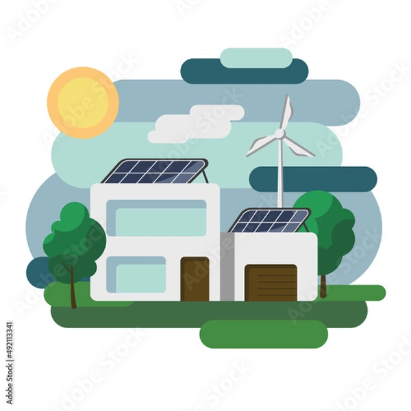 Fototapeta The concept of environmentally friendly alternative energy. House with solar panels and wind turbines. Vector illustration.