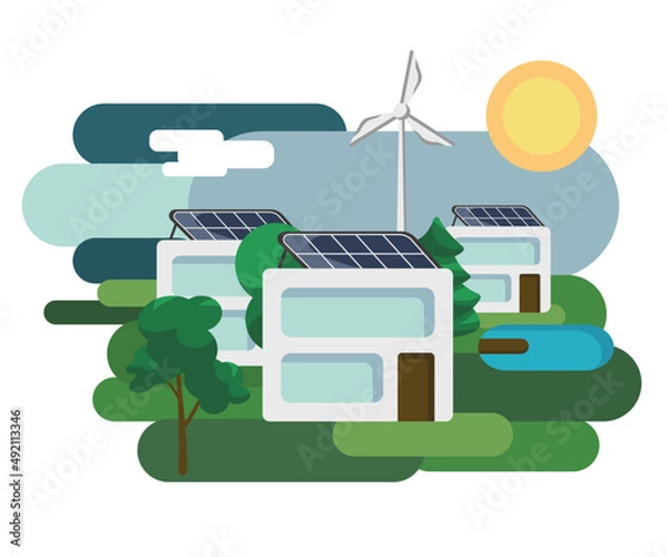 Fototapeta The concept of environmentally friendly alternative energy. House with solar panels and wind turbines. Vector illustration.