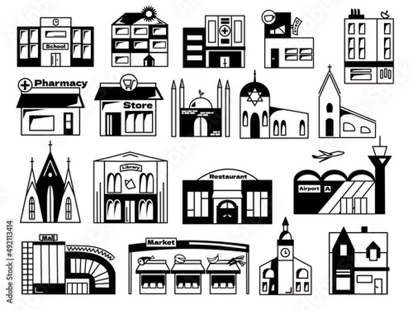 Fototapeta building icons. Vector graphics. Black and white.