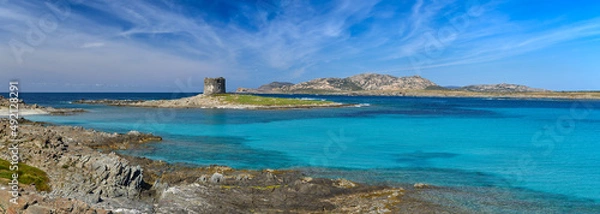 Obraz Beautiful panoramic view of Pelosa Beach (Spiaggia Della Pelosa). Stintino. La Pelosa beach, probably the most beautiful beach in Sardinia, Italy. Popular travel destination. Mediterranean seacoast.