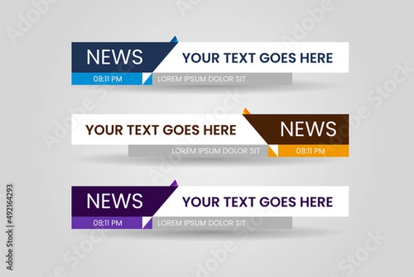 Fototapeta Set of bundle lower third vector design banner with blue, yellow and purple shape strip color. Modern broadcast news lower for TV Bars, Breaking, Sport, Video Channel.
