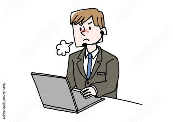 Fototapeta 腹を立てている男性のオペレーター　コミカルな手書きの人物　ベクター、線画にシンプルな色つけ　