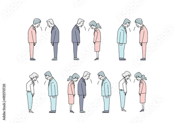 Fototapeta 互いにお辞儀をしているビジネスマンのセット　コミカルな手書きの人物　ベクター、線画にシンプルな色つけ