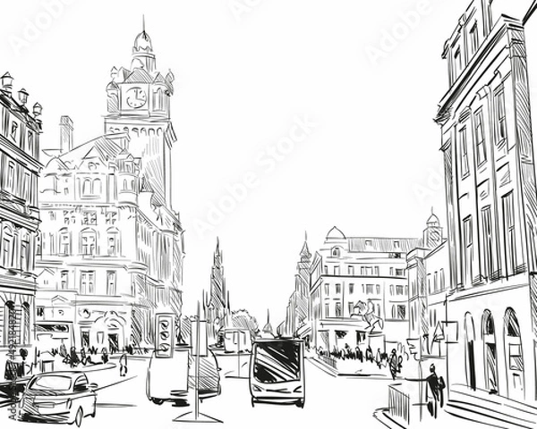 Fototapeta Edinburgh. Scotland. Hand drawn city sketch. Vector illustration.