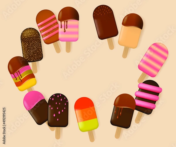 Fototapeta Round frame from different types of ice cream. Popsicle collection