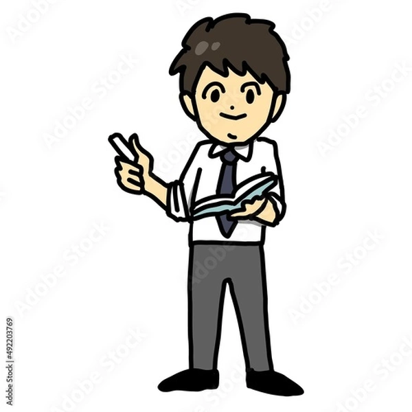 Fototapeta チョークと教科書を持って授業をする若手男性教師のイラスト