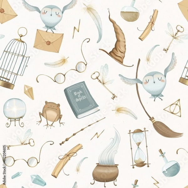 Fototapeta Seamless pattern of magic and witchcraft. Owl, toad, book, letter, hourglass, glass ball, lightning scar, glasses,  broom, magic wand, hat,  winged key. Stock illustration.