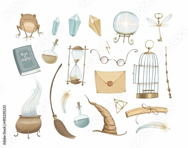 Fototapeta A set of magic and witchcraft. A toad, a book, a letter, an hourglass, a glass ball, a lightning scar, glasses,  broom, a magic wand, a hat, a winged key. Stock illustration.
