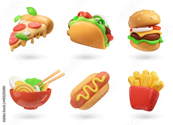 Fototapeta Fast food 3d realistic render vector icon set. Pizza, taco, hamburger, ramen noodle soup, hot dog, fries potatoes