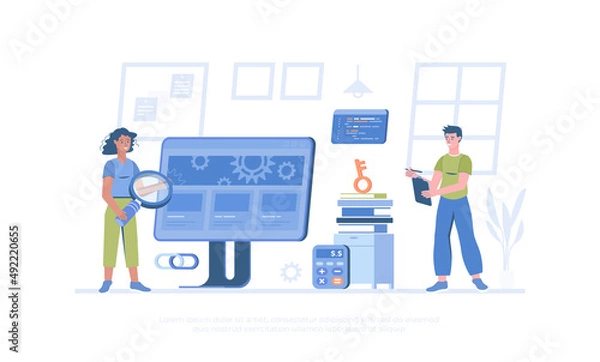 Fototapeta Marketing strategy, SEO assessment and analyzing for website. Site audit. Cartoon modern flat vector illustration for banner, website design, landing page.
