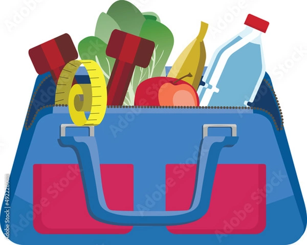 Obraz Vector illustration of a gym bag filled with vegetables, fruits, dumbbells, measure tape and water bottle.