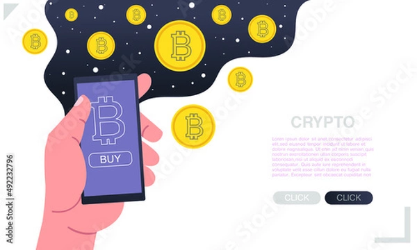 Fototapeta Hands hold smartphone and purchase cryptocurrency in mobile application. Buy Bitcoin online. Web banner of blockchain technology, bitcoin, altcoins mining, digital money vector cartoon illustration