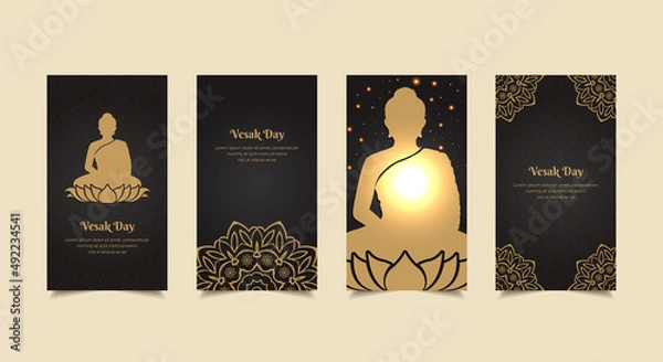 Fototapeta Elegant Vesak day design Stories Collection. Celebration Vesak day template stories suitable for promotion, marketing etc. Silhouette of Lord Buddha design with ornament vintage.