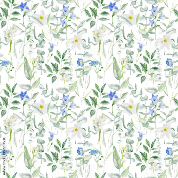 Fototapeta Watercolor seamless pattern with daffodil, bluebell flowers and eucalypt on white background 