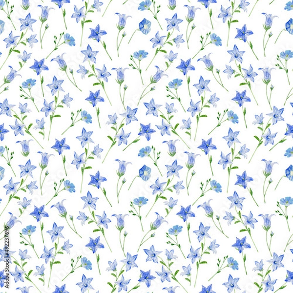 Fototapeta Watercolor seamless pattern with bluebells on white background 
