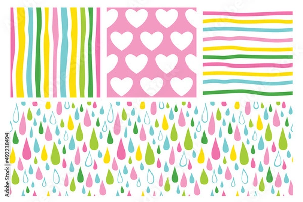 Fototapeta Set of seamless patterns with hearts, polka dots and stripes.
