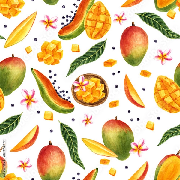 Fototapeta Seamless pattern with mango watercolor illustrations