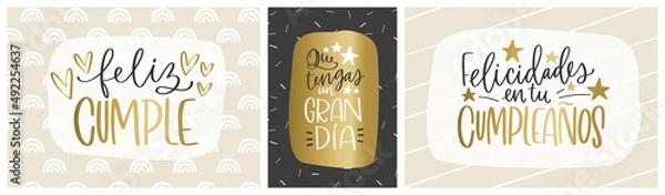 Obraz Feliz Cumple, Que tengas un gran dia, Felicidades en ti Cumpleaños, which means Happy B-day, Have a great day and Congratulations on your Birthday in Spanish. Modern greeting card vector design set.