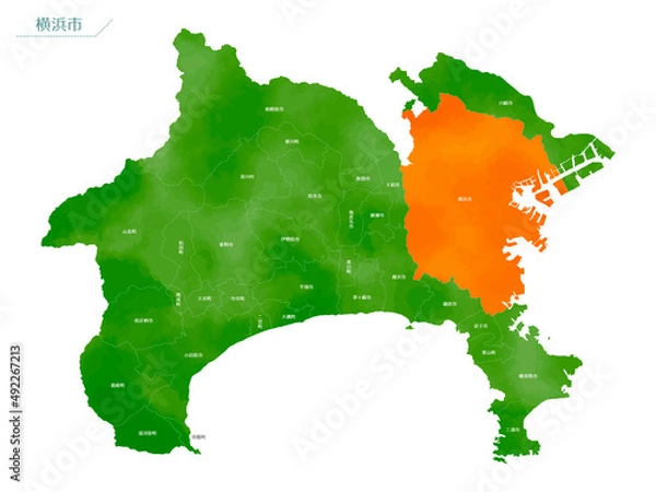 Obraz 水彩風の地図　神奈川県　横浜市