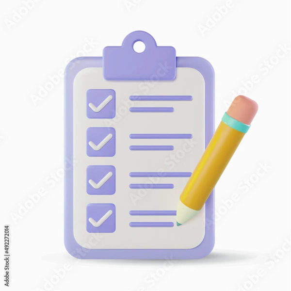 Fototapeta modern 3d checklist icon vector illustration, survey document with pencil 