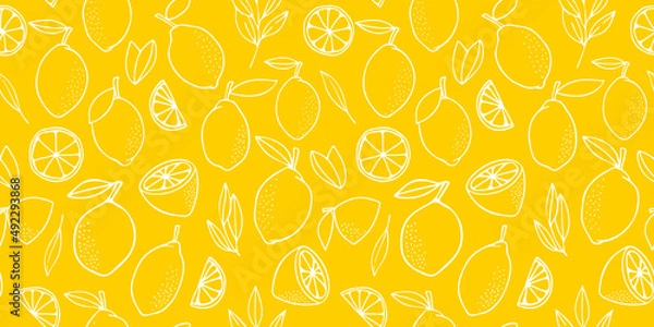 Fototapeta Yellow lemons with leaves. Citrus for lemonade, vitamins, healthy vegeterian food. Vector seamless pattern isolated on white background. Vivid summer illustration. For printing on paper and fabric.